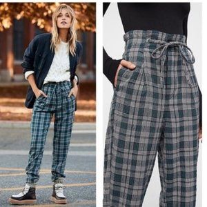 Free People Here and There Plaid High Waist Paper Bag Pants